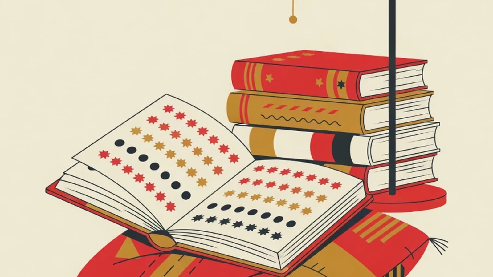 Ilustrasi datar buku terbuka, tumpukan buku bergambar, dan lampu baca dalam palet merah, mustard, dan krem.