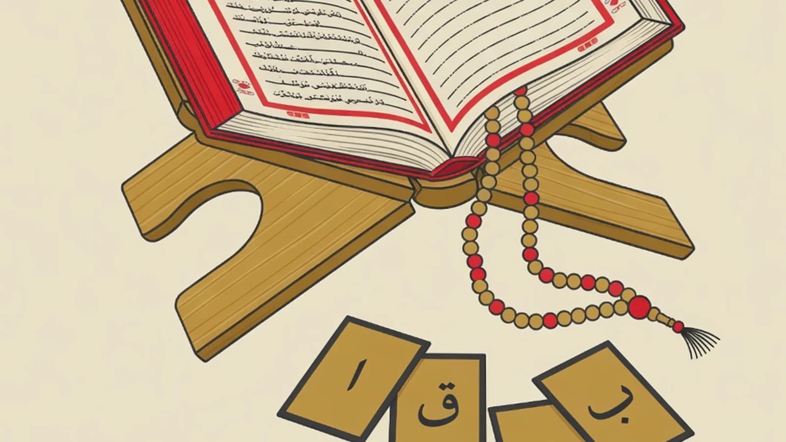Ilustrasi flat editorial mushaf Al-Qur'an terbuka di atas rehal kayu, kartu huruf hijaiyah, dan untaian tasbih dengan palet warna brand EduPoint