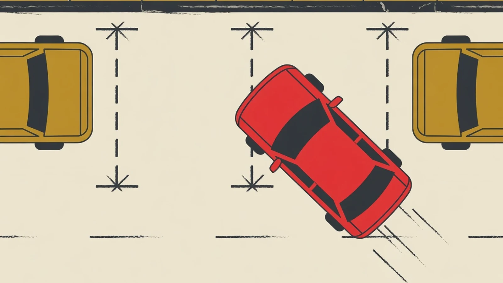 Ilustrasi datar tampak atas sebuah mobil masuk ke petak parkir paralel di antara dua mobil dengan garis trotoar dan marka jalan, bergaya editorial beraksen merah dan mustard