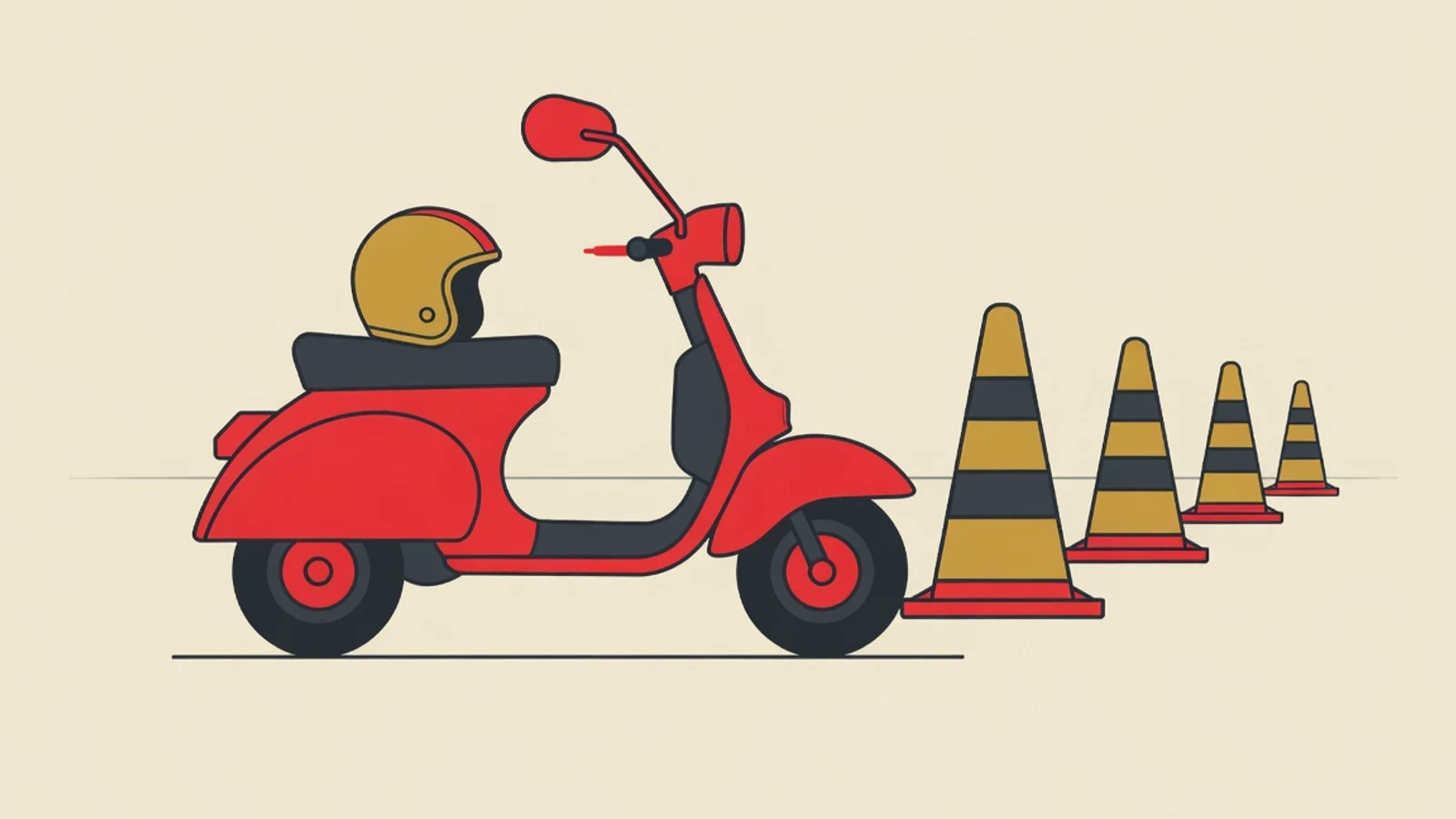 Flat illustration of an automatic scooter in side view with a round helmet, a mirror, and a row of practice cones on a cream background