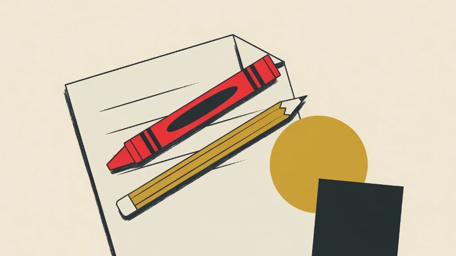 Ilustrasi datar bergaya editorial dengan crayon, pensil, lembar kertas kosong, serta bentuk lingkaran dan kotak sederhana dalam palet brand EduPoint.