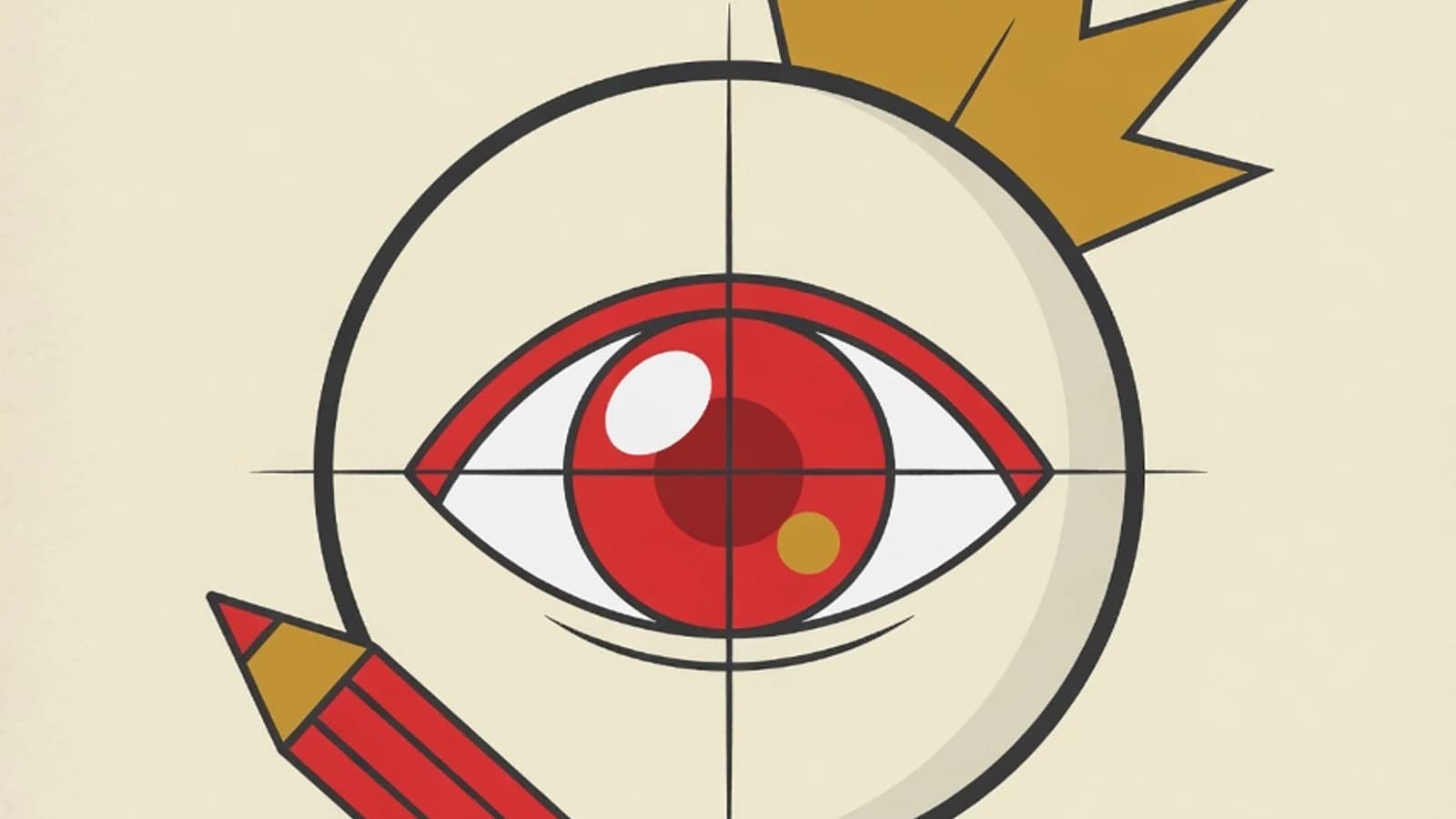 Flat editorial illustration: a large sparkling anime eye, a head circle with vertical and horizontal facial guidelines, a pencil, and a lock of signature spiky anime hair