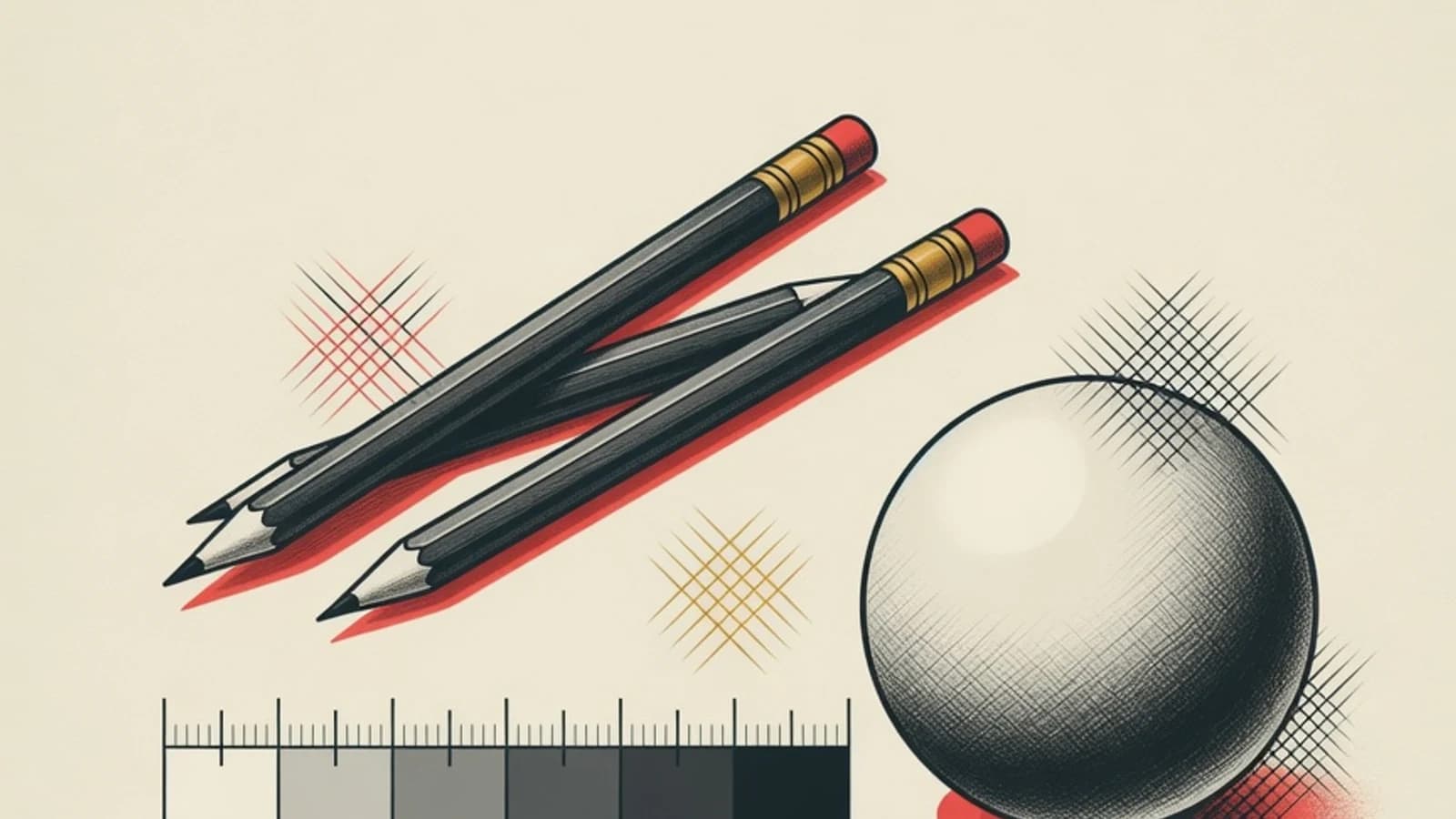 Ilustrasi datar pensil grafit, tangga nilai gelap terang, dan bola dengan gradasi arsir