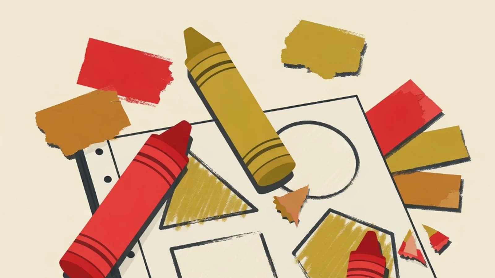 Flat illustration of chunky triangular crayons, a coloring book page with large shapes, and assorted color swatches
