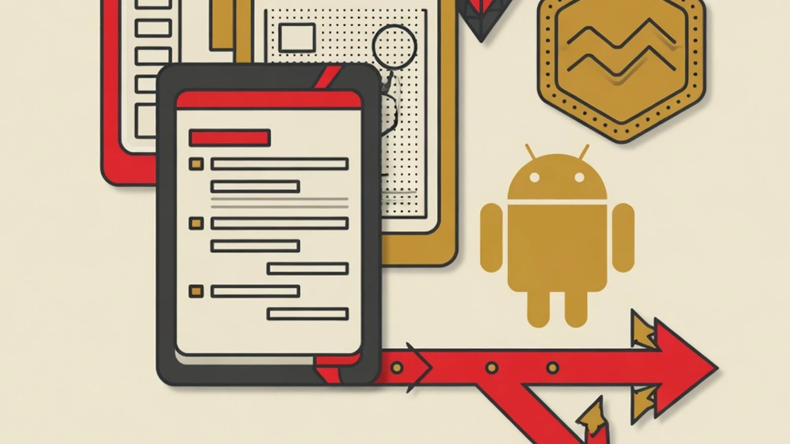 Flat illustration of three mobile framework paths: three stacked app screen frames, a Flutter widget shape, a JavaScript hexagon badge, an Android robot silhouette, and a forking decision arrow