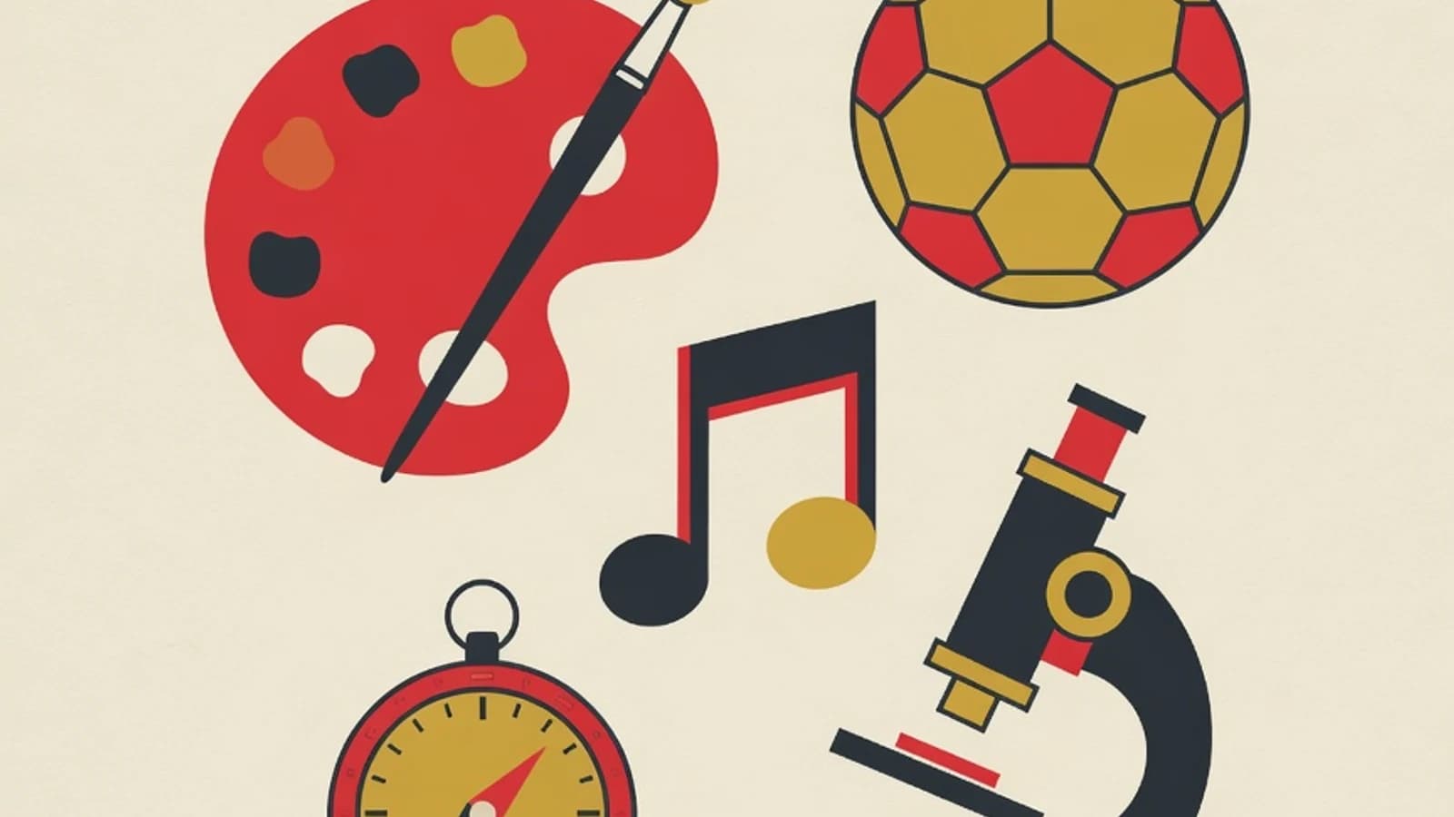Flat illustration of a child's extracurricular options: a painter's palette, a ball, a music note, and a microscope in EduPoint brand accent colors