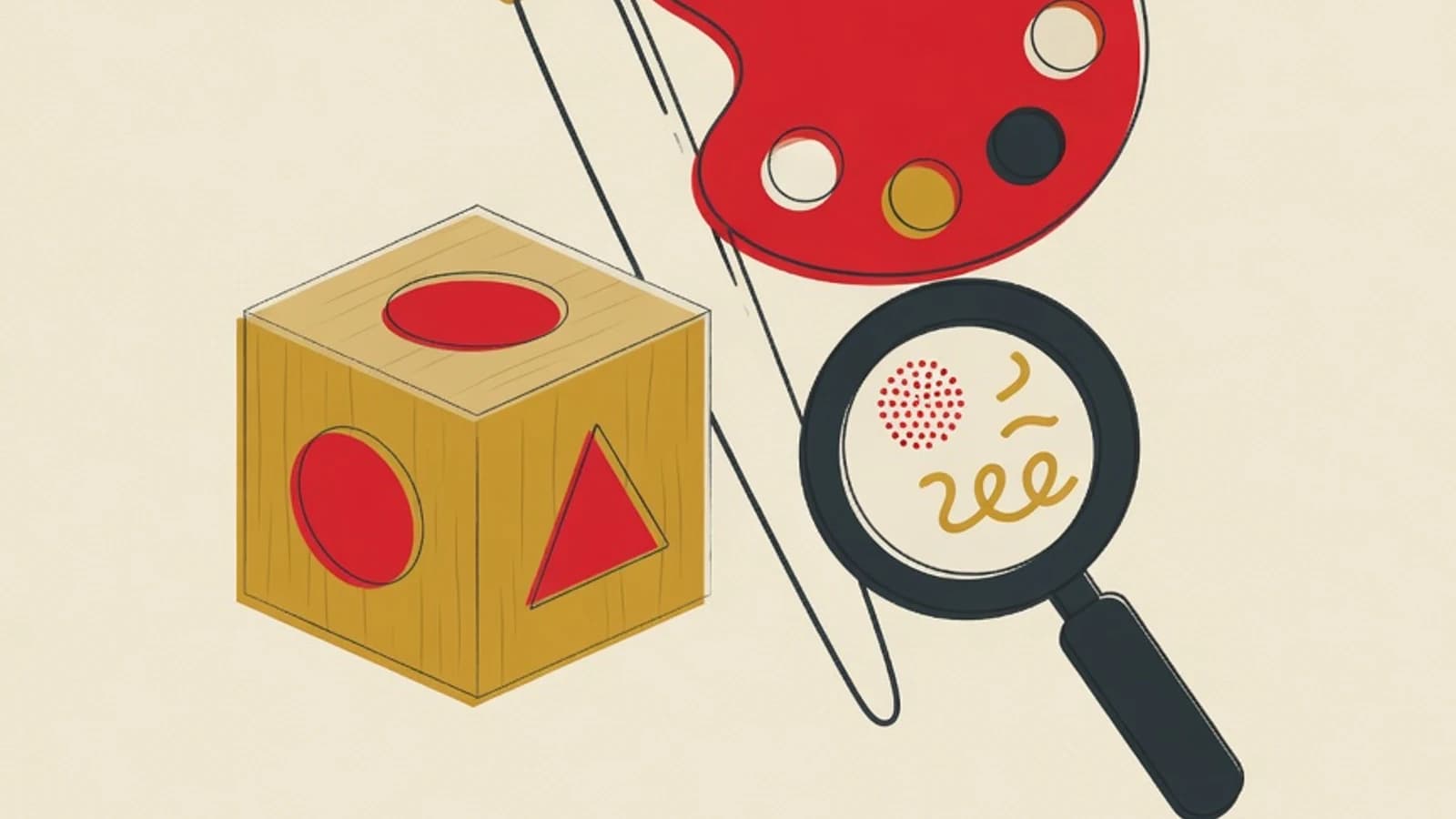 Ilustrasi editorial kuas dan palet warna, not balok, balok kayu, serta kaca pembesar dalam palet brand EduPoint