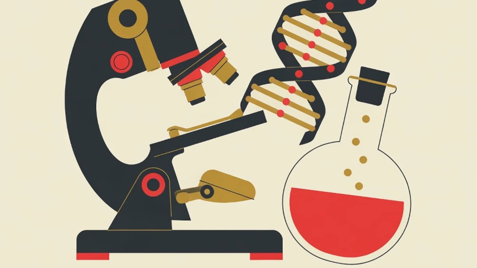 Flat illustration of a microscope, a DNA double helix, a chloroplast-filled leaf cell, and a laboratory flask in EduPoint red, mustard, ink, and cream