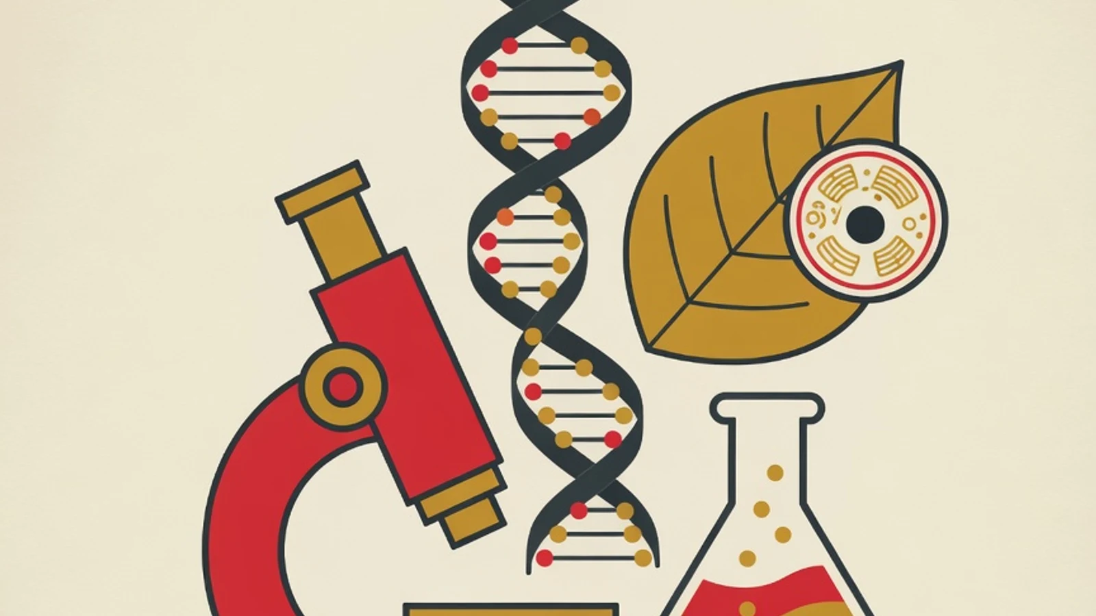 Ilustrasi editorial datar bertema persiapan olimpiade biologi: mikroskop, untai DNA, diagram sel daun, labu laboratorium, dan medali penghargaan