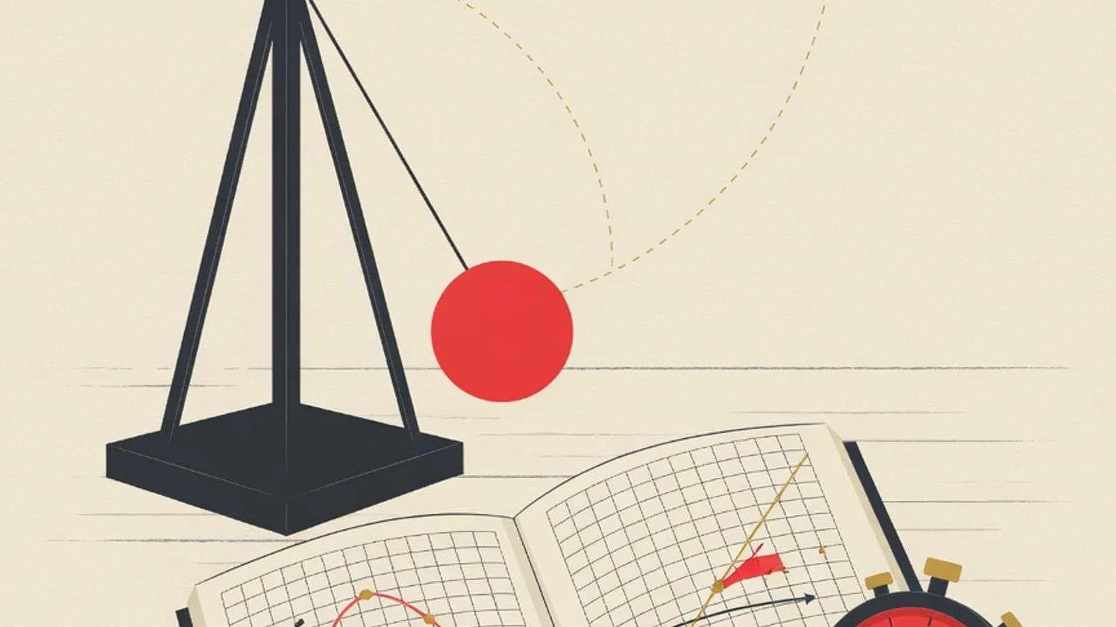 Editorial illustration of a pendulum on a stand, a physics notebook with kinematics graphs, a stopwatch, and a stack of exam papers on a calm desk