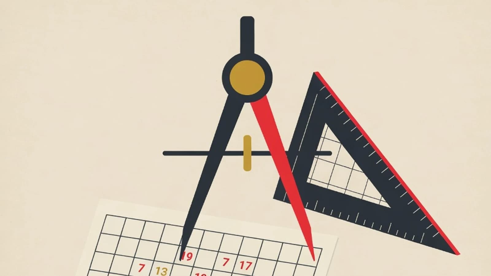 Ilustrasi vektor jangka geometri, segitiga, kisi angka teori bilangan, dan pita medali untuk persiapan olimpiade matematika SMP