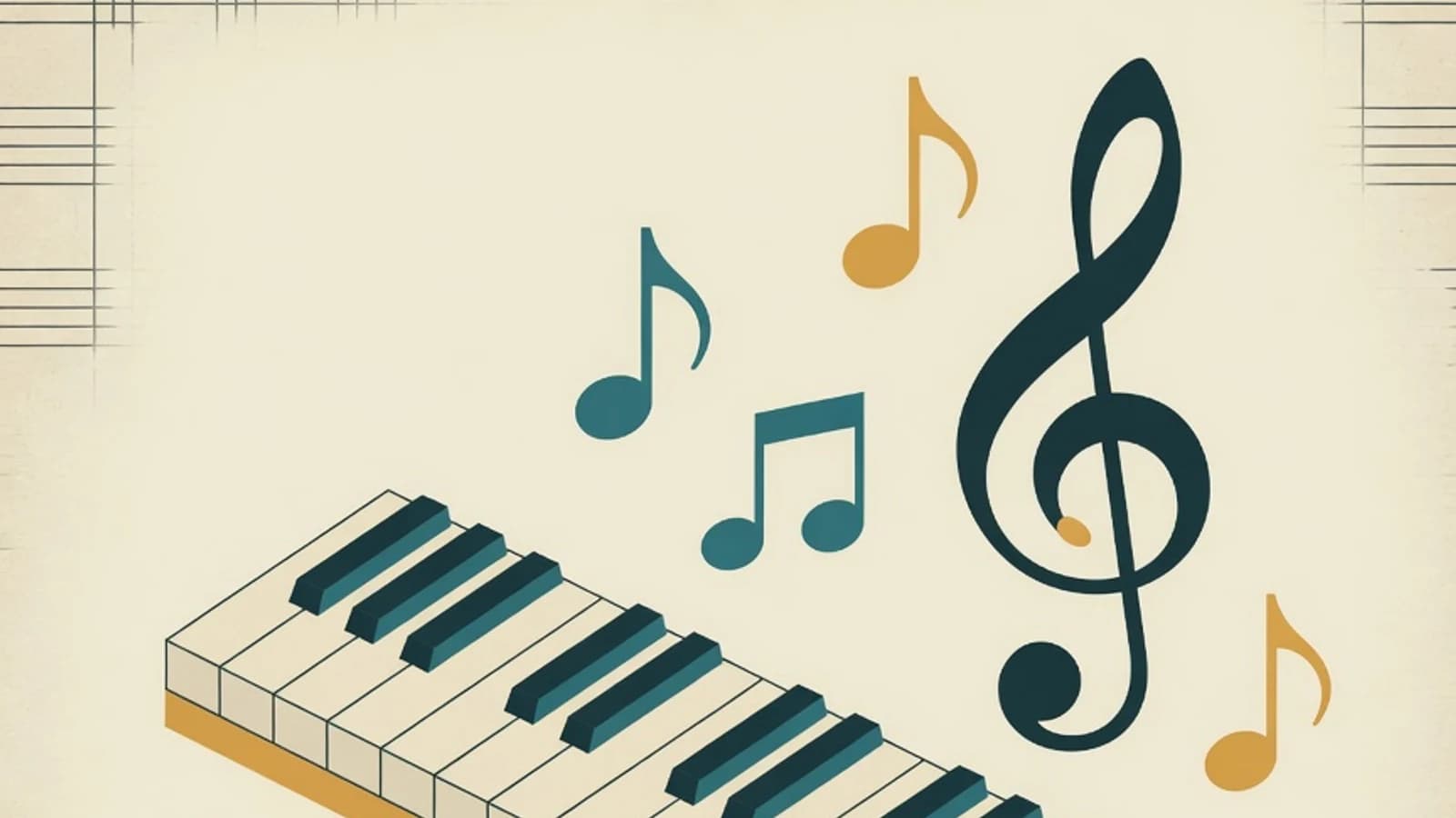 Flat illustration of piano keys with groups of two and three black keys, floating music notes, and a metronome