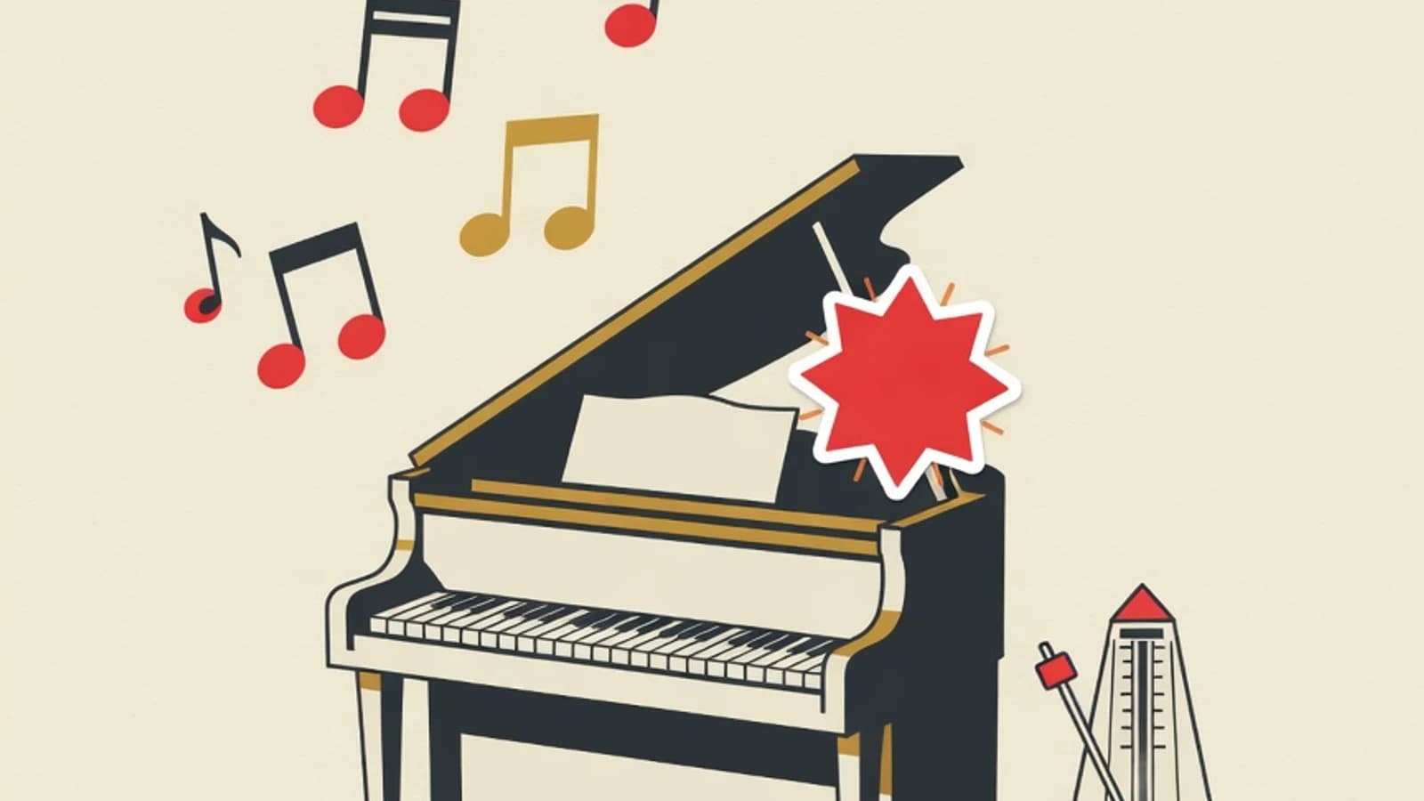 Ilustrasi datar tuts piano mungil, balok nada melayang lembut, dan boneka jari kecil dengan palet merah dan mustard EduPoint