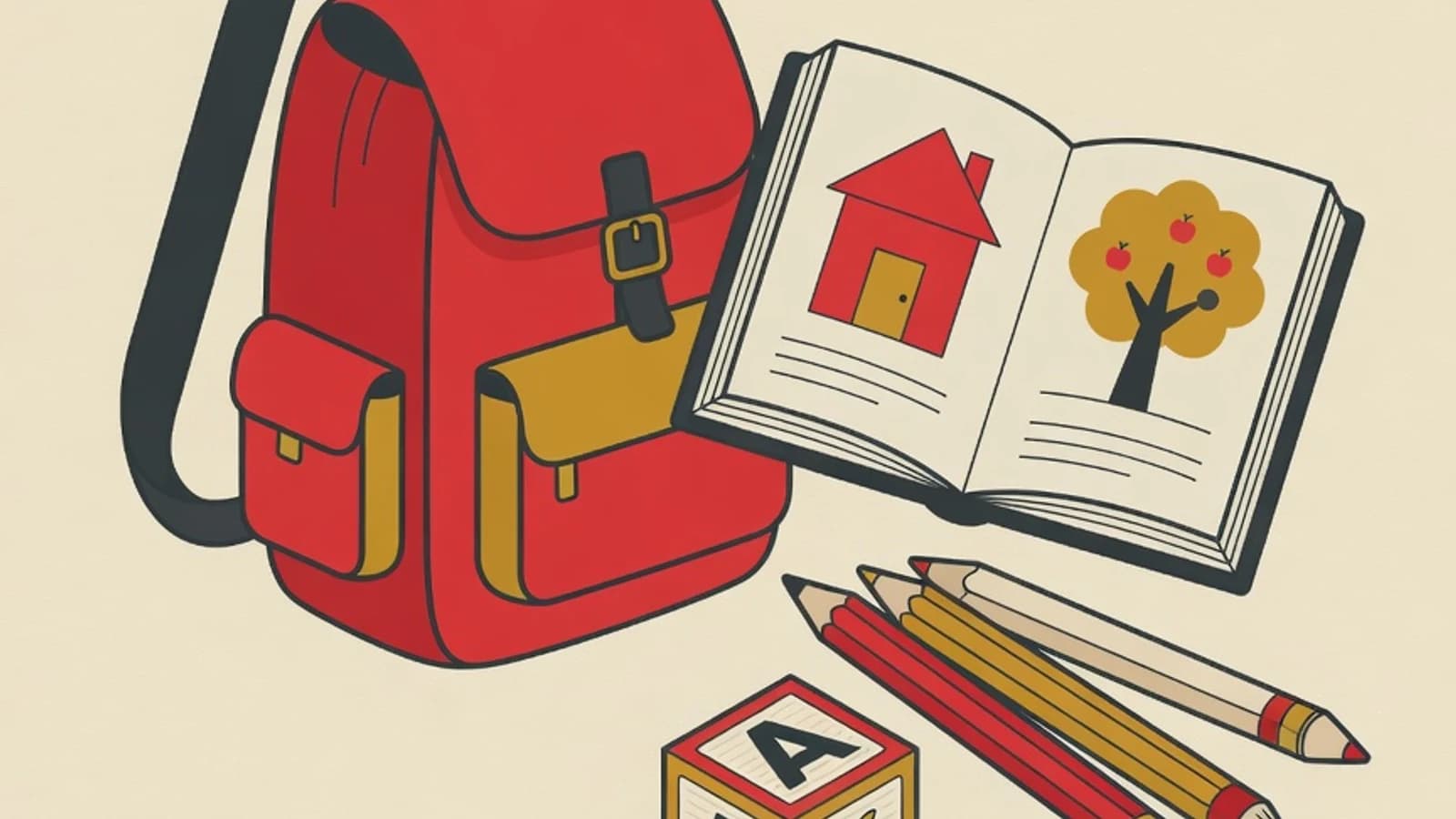 Flat editorial illustration: a school bag, storybook, and coloured pencils as symbols of preparing a preschooler for primary school
