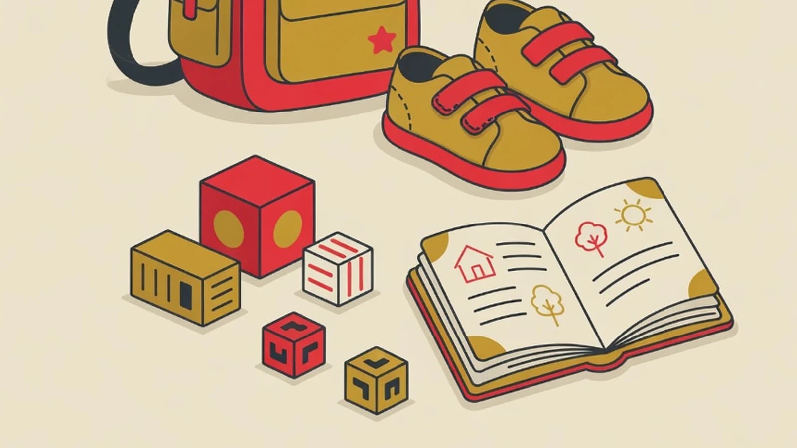 Illustration of a child's kindergarten essentials: a backpack, velcro shoes, a name tag, a storybook, and building blocks