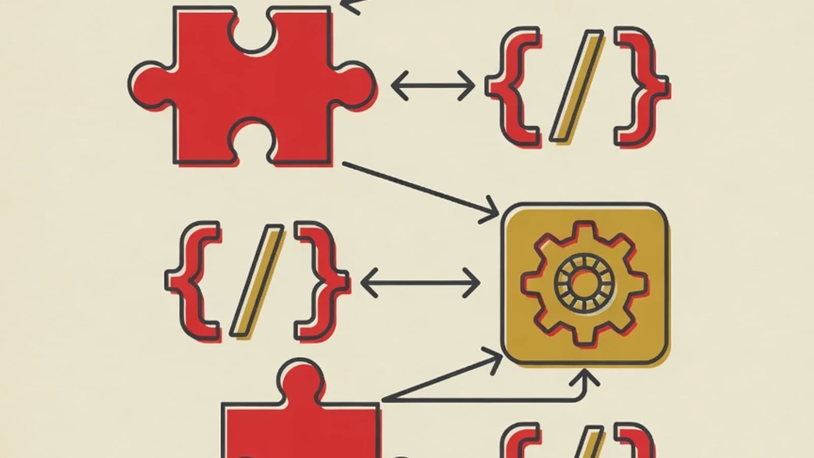 Flat editorial illustration of a flowchart with connected nodes, interlocking puzzle pieces, curly-brace code brackets, and a gear in the EduPoint brand style