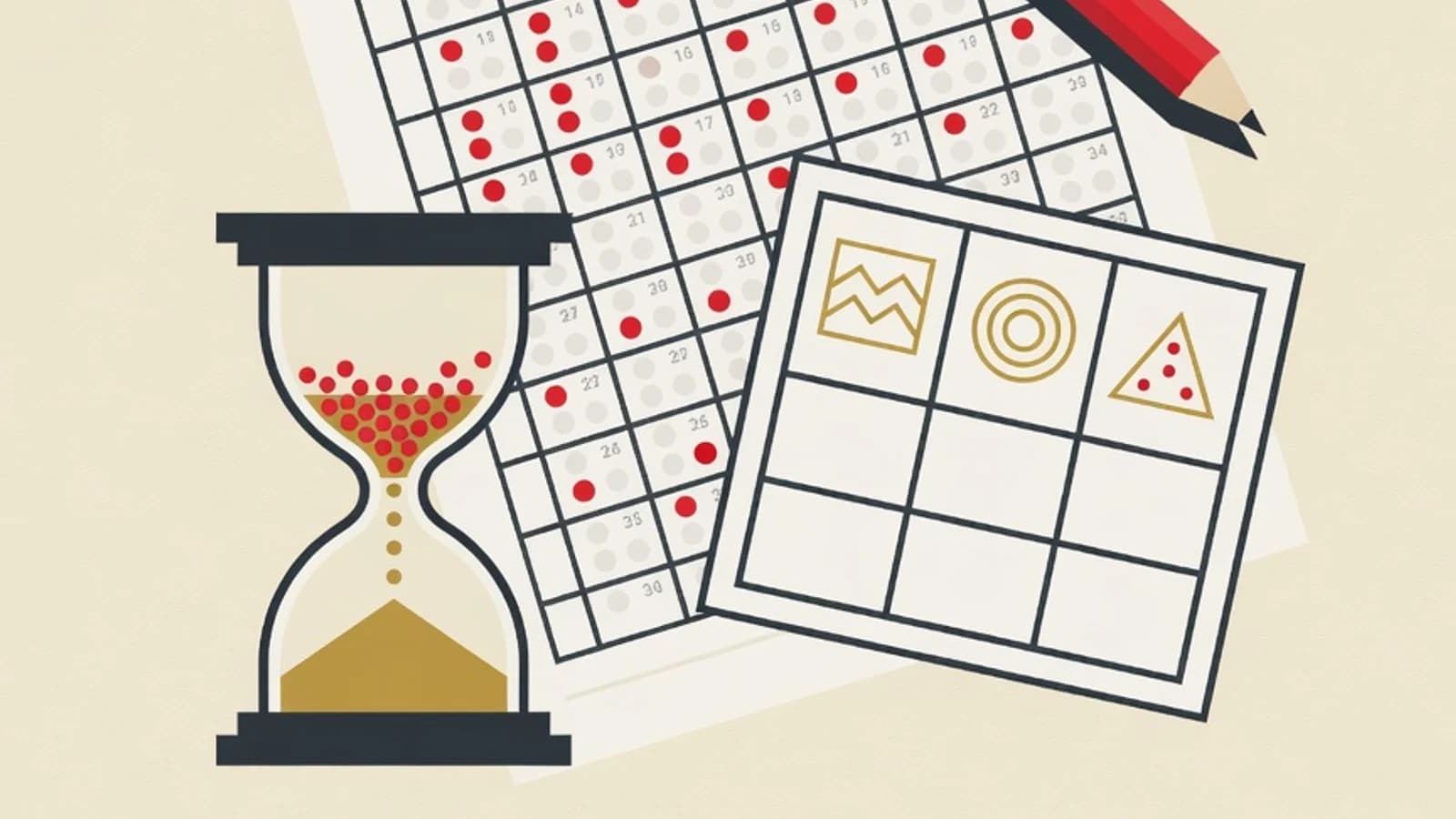 Editorial illustration of an answer sheet with a number grid, a pencil, an eight-box drawing-test grid, and an hourglass timer as symbols of the job psychometric test battery
