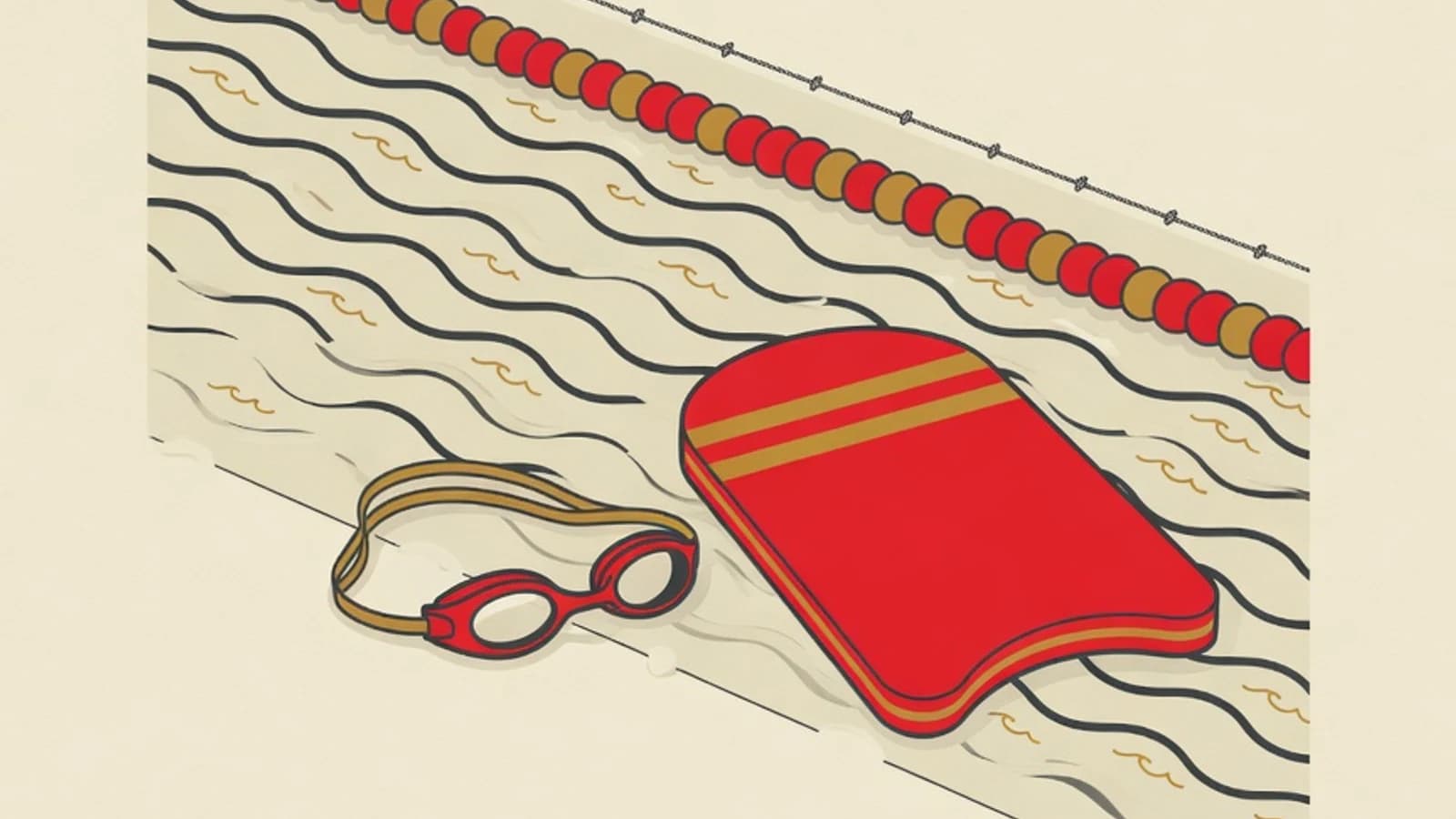 Flat illustration of a swimming pool lane with a lane rope, a red kickboard, swim goggles, and rippling water