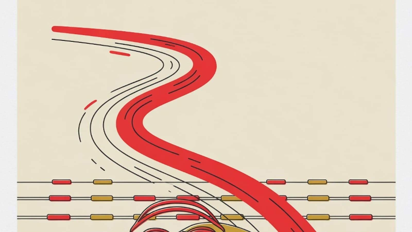 Flat illustration of a blue water surface with curved freestyle arm-stroke patterns, swim goggles, a kickboard, and pool lane lines