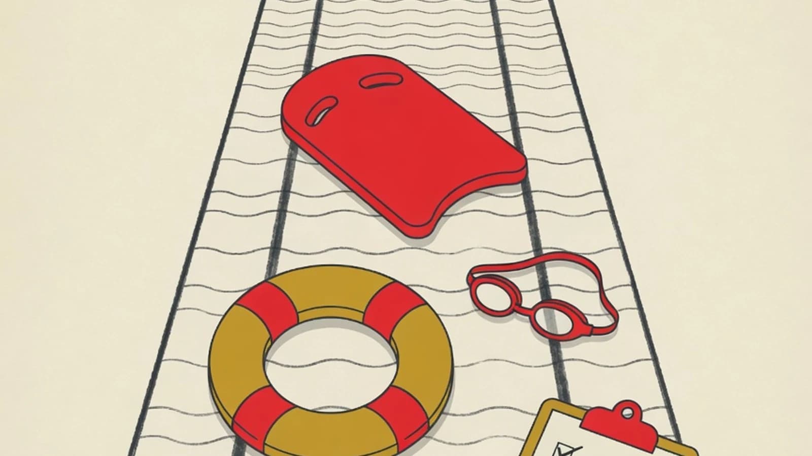 Ilustrasi vektor bergaya editorial: lintasan kolam renang dengan papan luncur apung, ban pelampung keselamatan, kacamata renang, dan papan ceklis