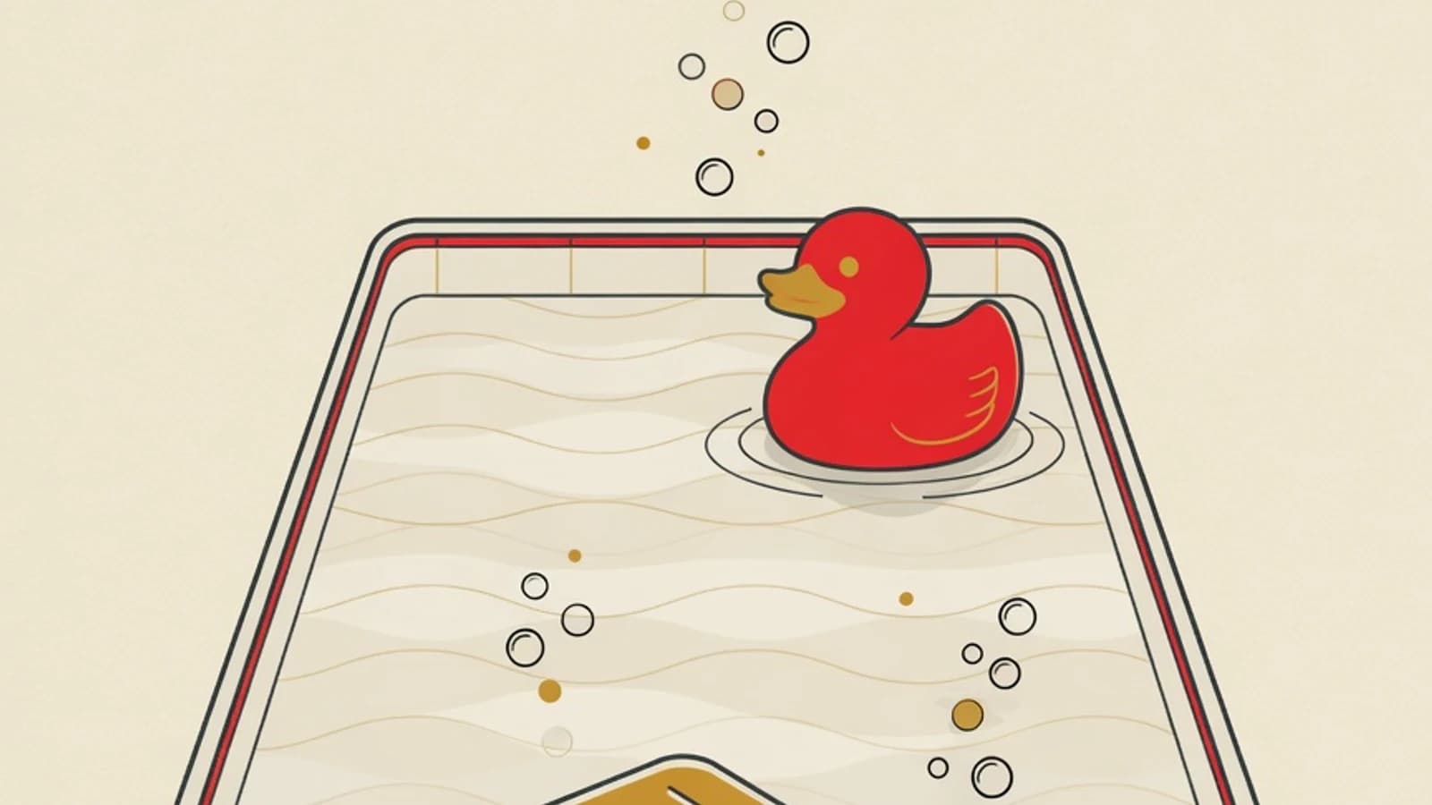 Flat illustration of a shallow swimming pool with gentle water ripples, a floating rubber duck, and air bubbles rising to the surface