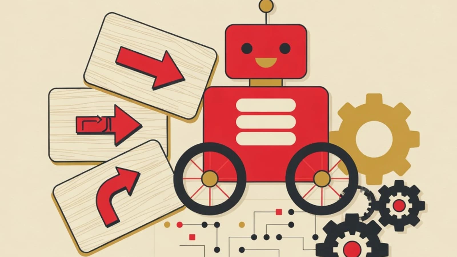 Ilustrasi datar robot balok kayu, roda gigi, dan kartu perintah urutan bergaya editorial brand EduPoint