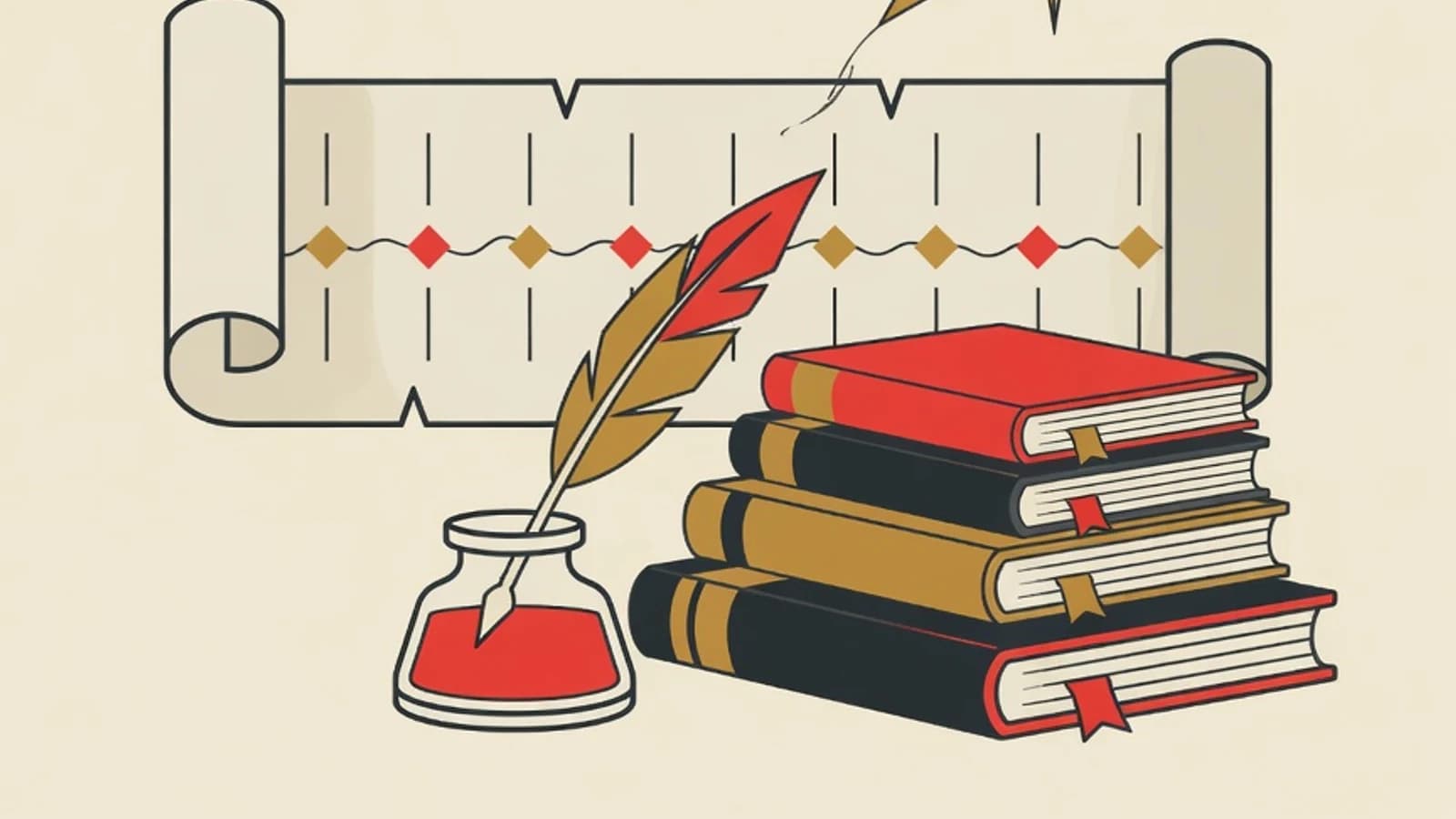 Ilustrasi editorial garis waktu sejarah dengan penanda era, pena dan tinta, serta tumpukan buku sejarah