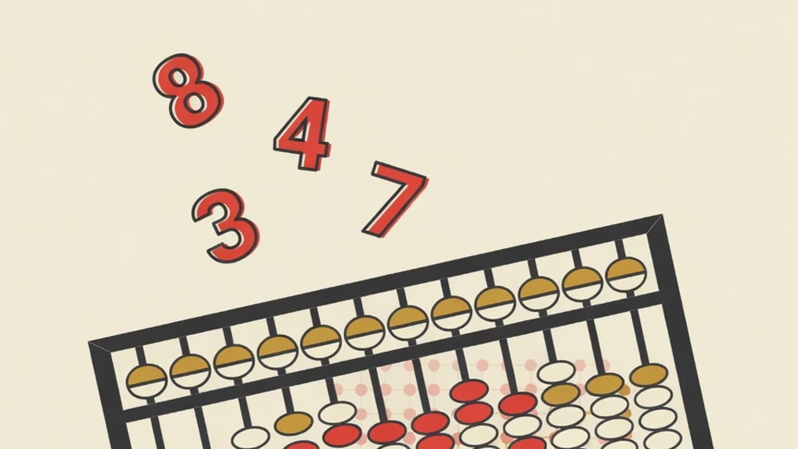 Flat illustration of an abacus with rows of colored beads, digits floating around it, and a glowing bead grid representing calculation done in the mind