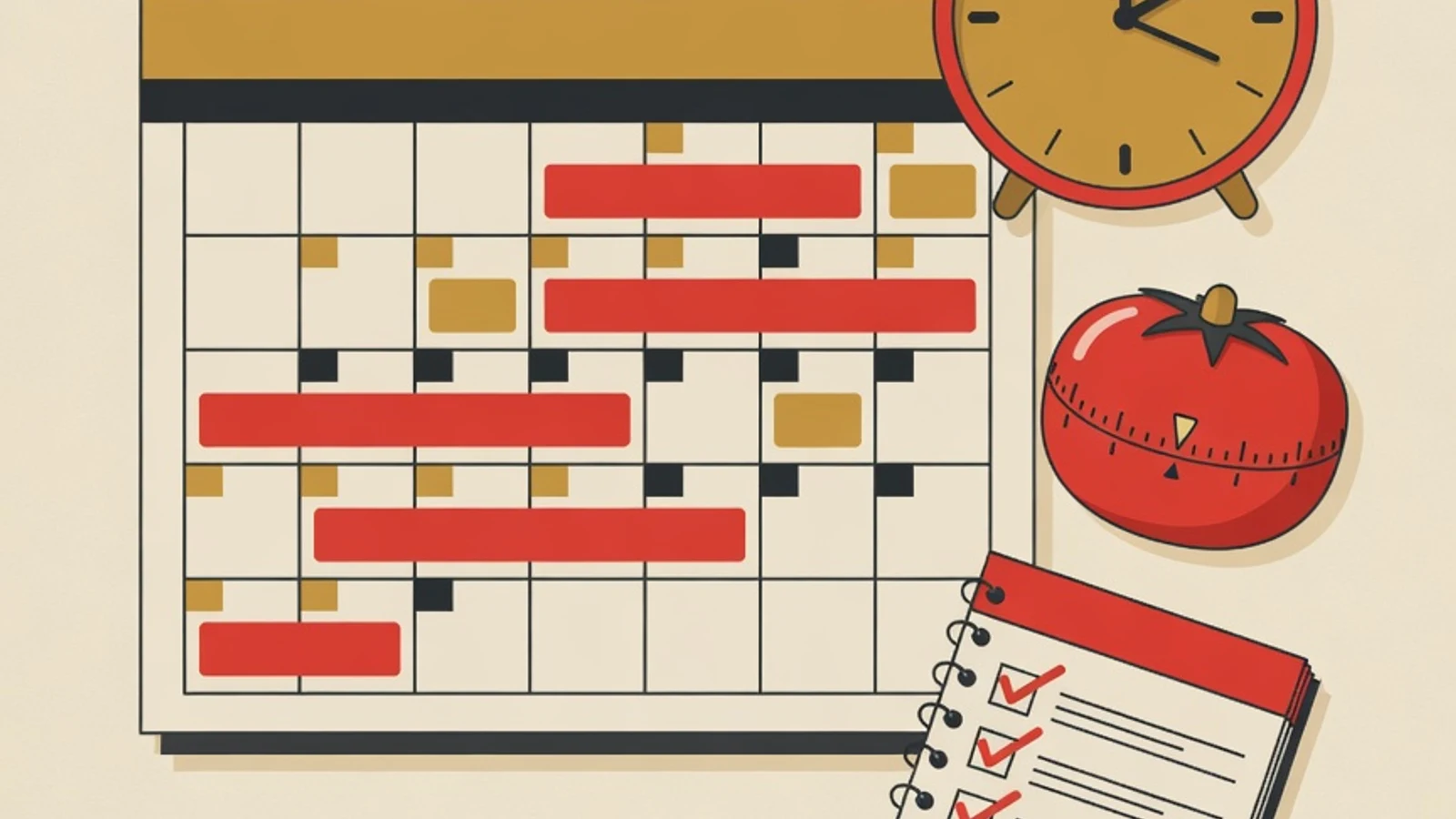 Illustration of a weekly calendar with colored time blocks, a desk clock, a timer, and a checklist notepad for managing high school study time