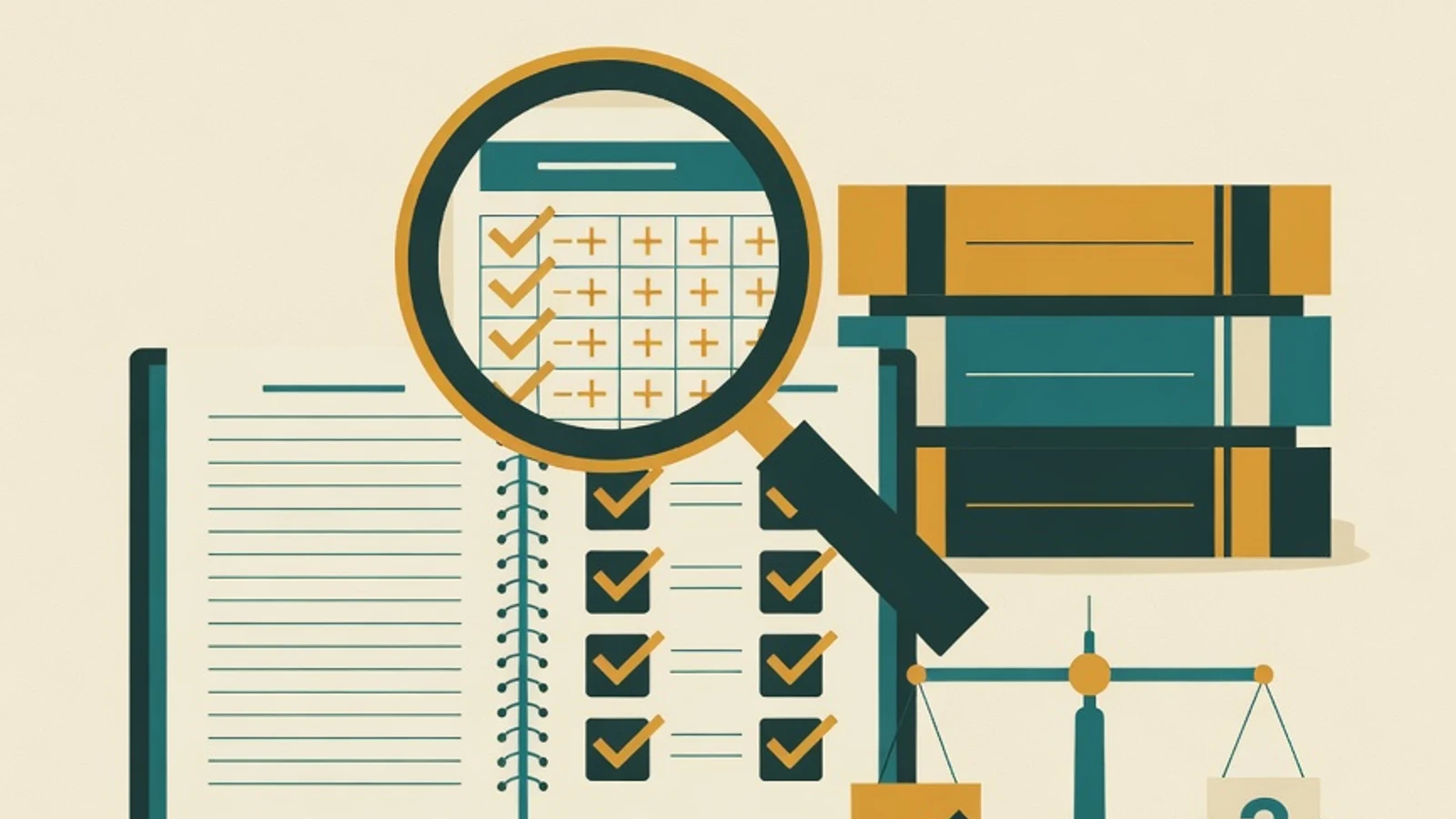 Flat illustration of a notebook, a magnifying glass over a checkmarked report card, a stack of textbooks, and a scale weighing options for choosing junior high tutoring