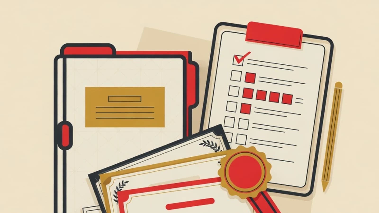 Editorial illustration of stacked certificates, medals, and an archive folder representing an SNBP achievement portfolio