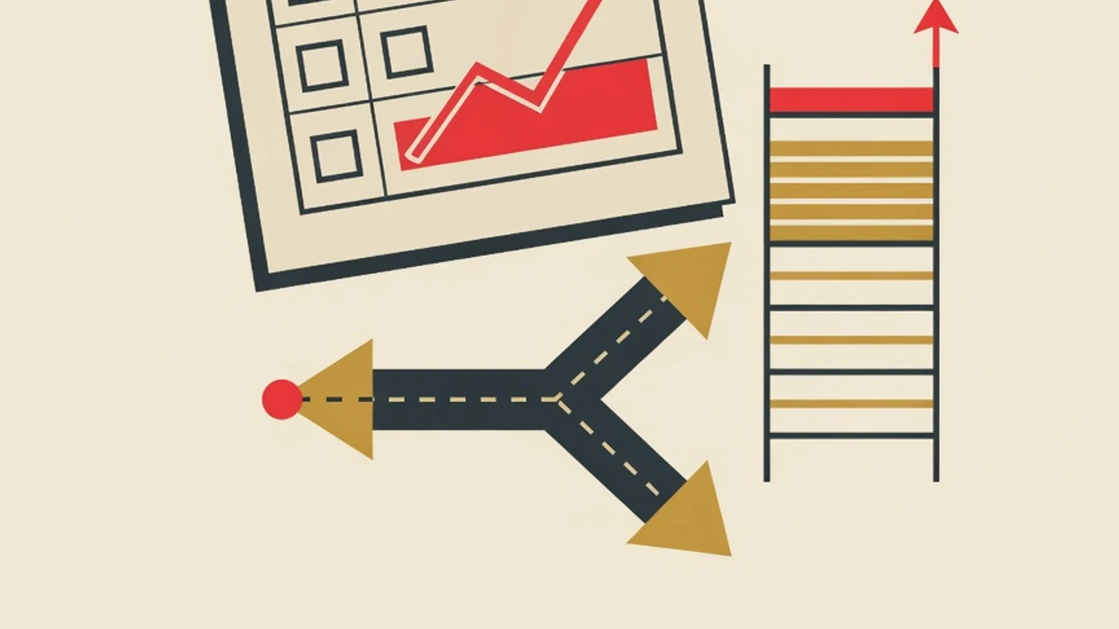 Flat editorial illustration in the EduPoint brand style showing a report card with an upward grade line, a campus gate, a two-branch path arrow, and a ranking ladder.