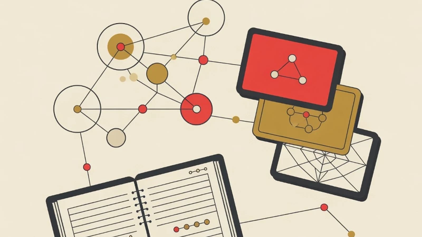Editorial illustration of sociology concepts: a web of social relations, a stratification scale, and a social-research notebook