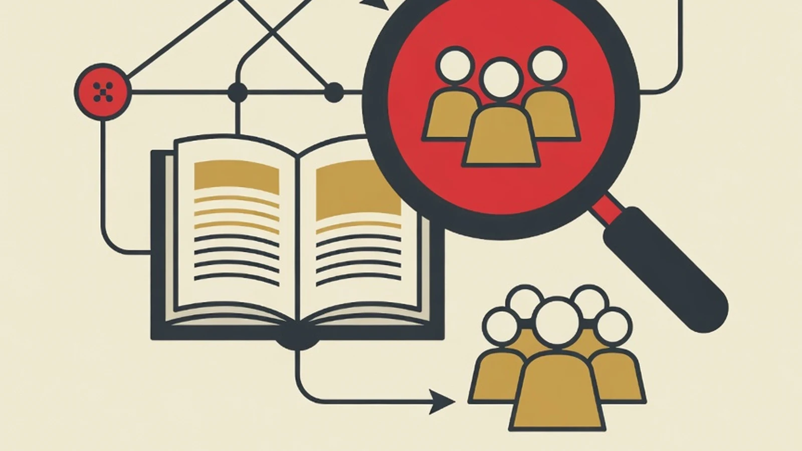 Editorial illustration of understanding sociological theory for high schoolers: social network nodes, a magnifying glass over a small crowd, and an open sociology book with concept-map branches