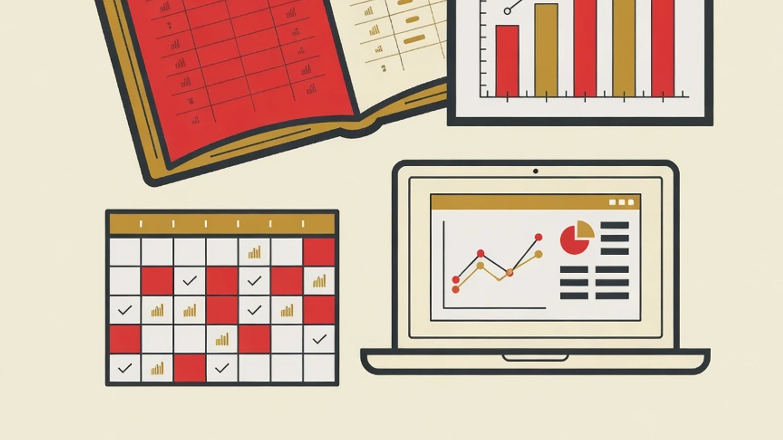 Flat illustration of an open reference book, a bar chart, a statistics software window on a laptop screen, and a weekly study calendar, symbolising learning statistics for a thesis step by step