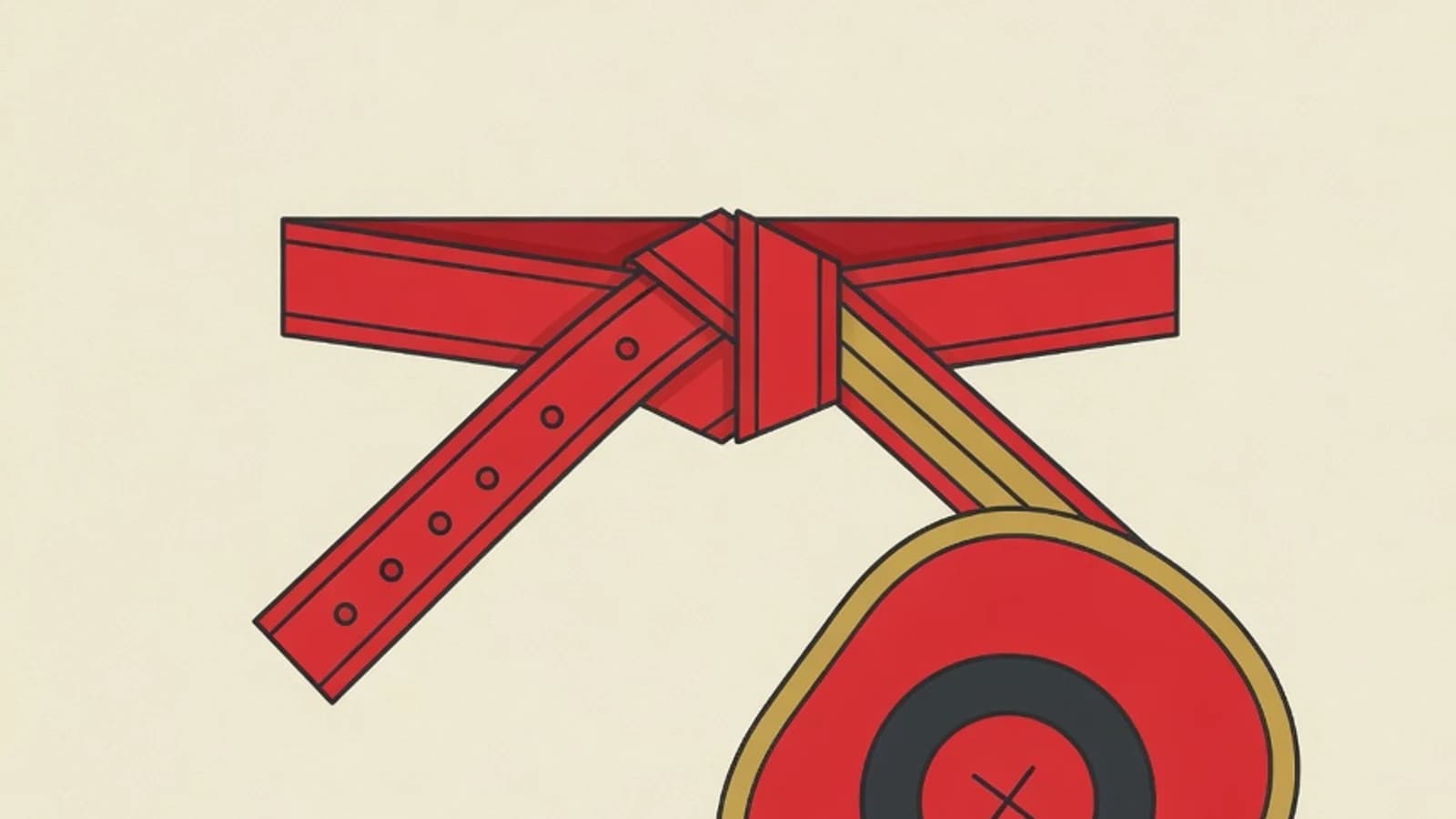 Ilustrasi datar sabuk taekwondo, target tendang, dan garis pijakan kaki bergaya editorial dengan aksen merah dan mustard
