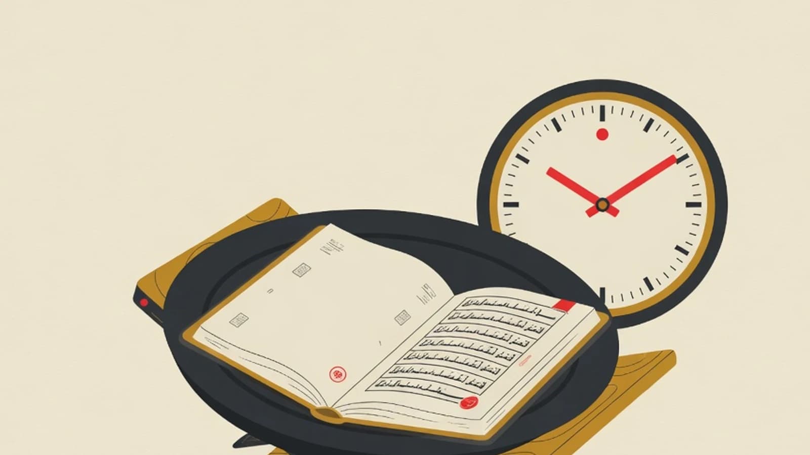 Flat illustration of an open mushaf beside a wall clock and a weekly calendar sheet, symbolizing the arrangement of memorization time