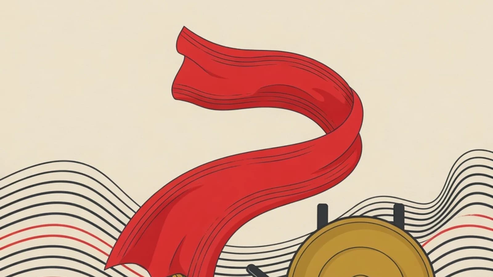 Flat illustration of a flowing sampur sash, a folded batik jarik cloth, a gamelan gong, and layered rhythmic lines in the brand palette