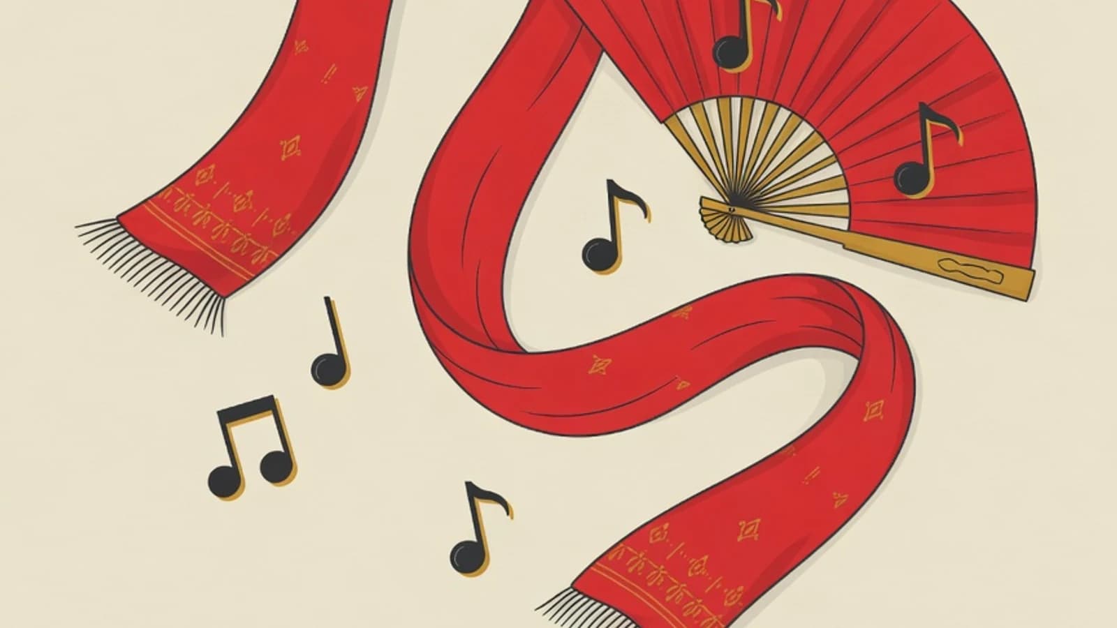 Ilustrasi editorial selendang tari yang melengkung, kipas tari terbuka, dan not gamelan dengan palet brand EduPoint