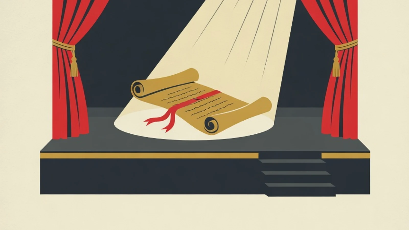Flat editorial illustration in red and mustard tones: a stage curtain, a spotlight beam, and rolled script pages on a theater stage