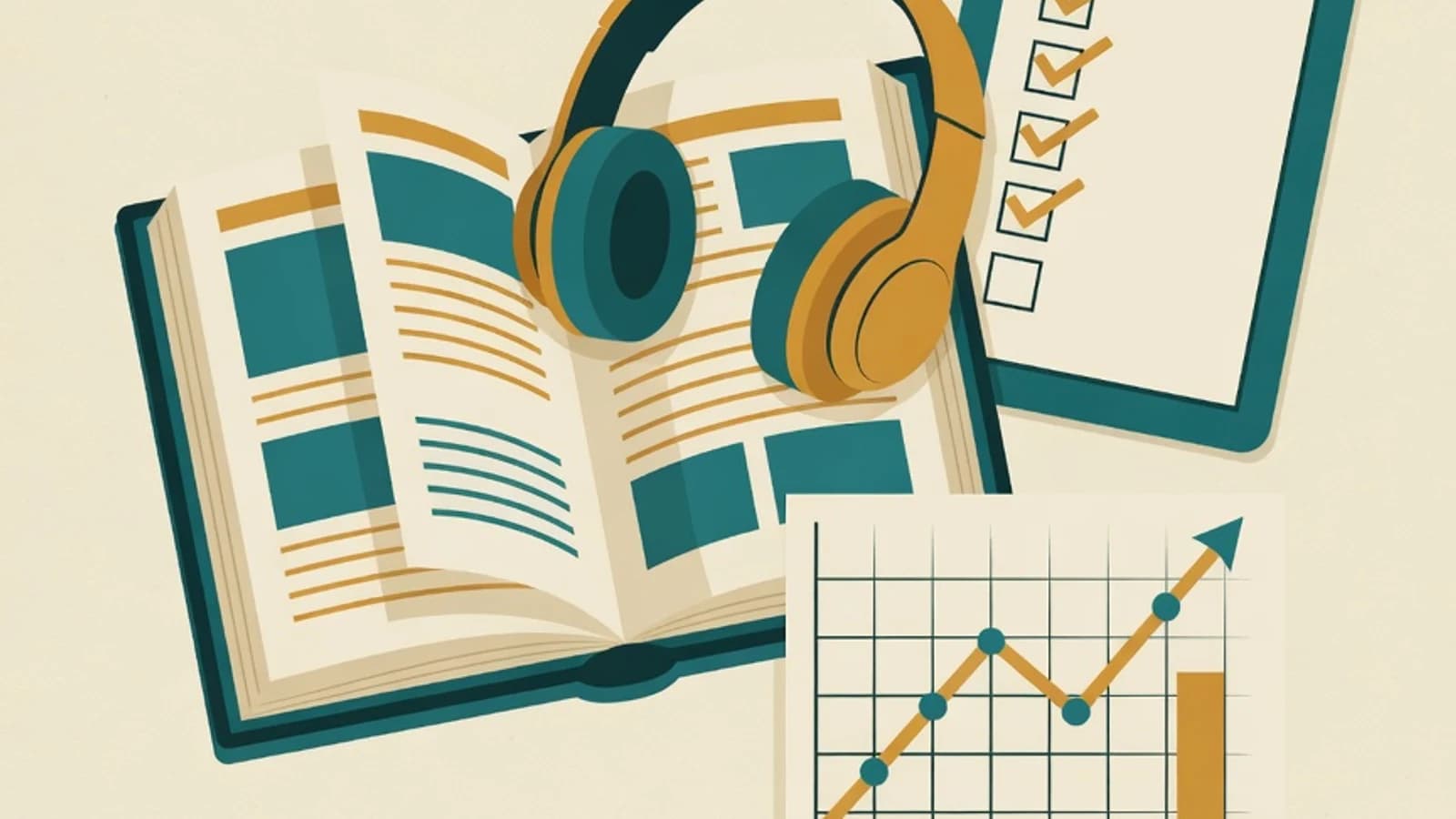 Ilustrasi datar buku akademik terbuka, headphone, papan klip ceklis, dan grafik progres menanjak untuk persiapan belajar TOEFL iBT