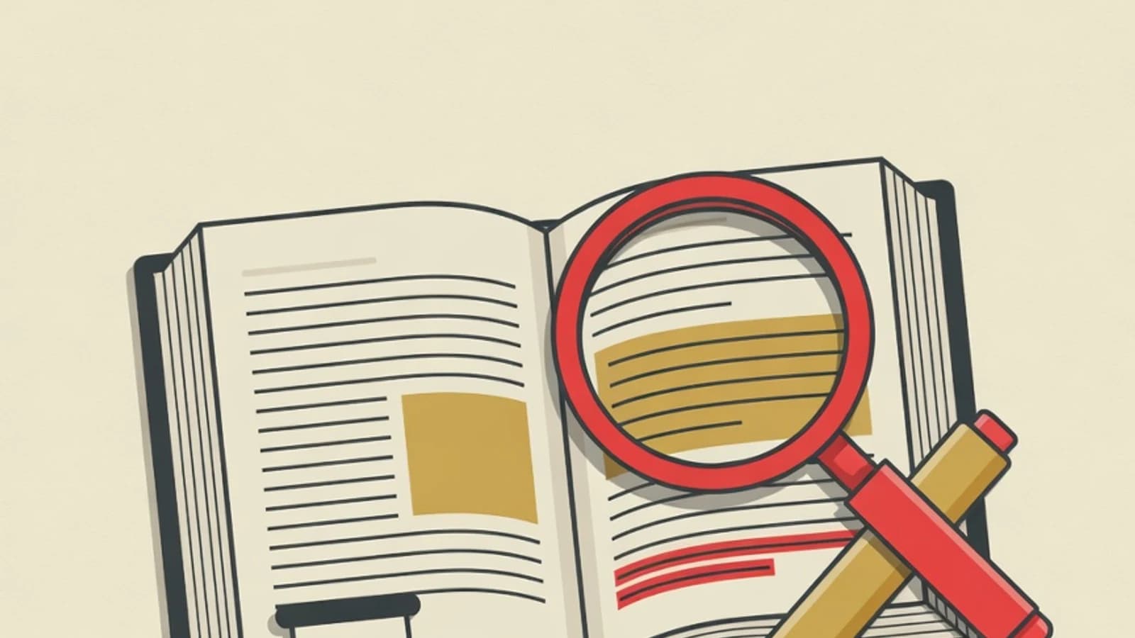 Flat editorial vector illustration of an open academic textbook, a magnifying glass over a paragraph, a highlighter pen, and a small hourglass on a TOEFL Reading preparation theme