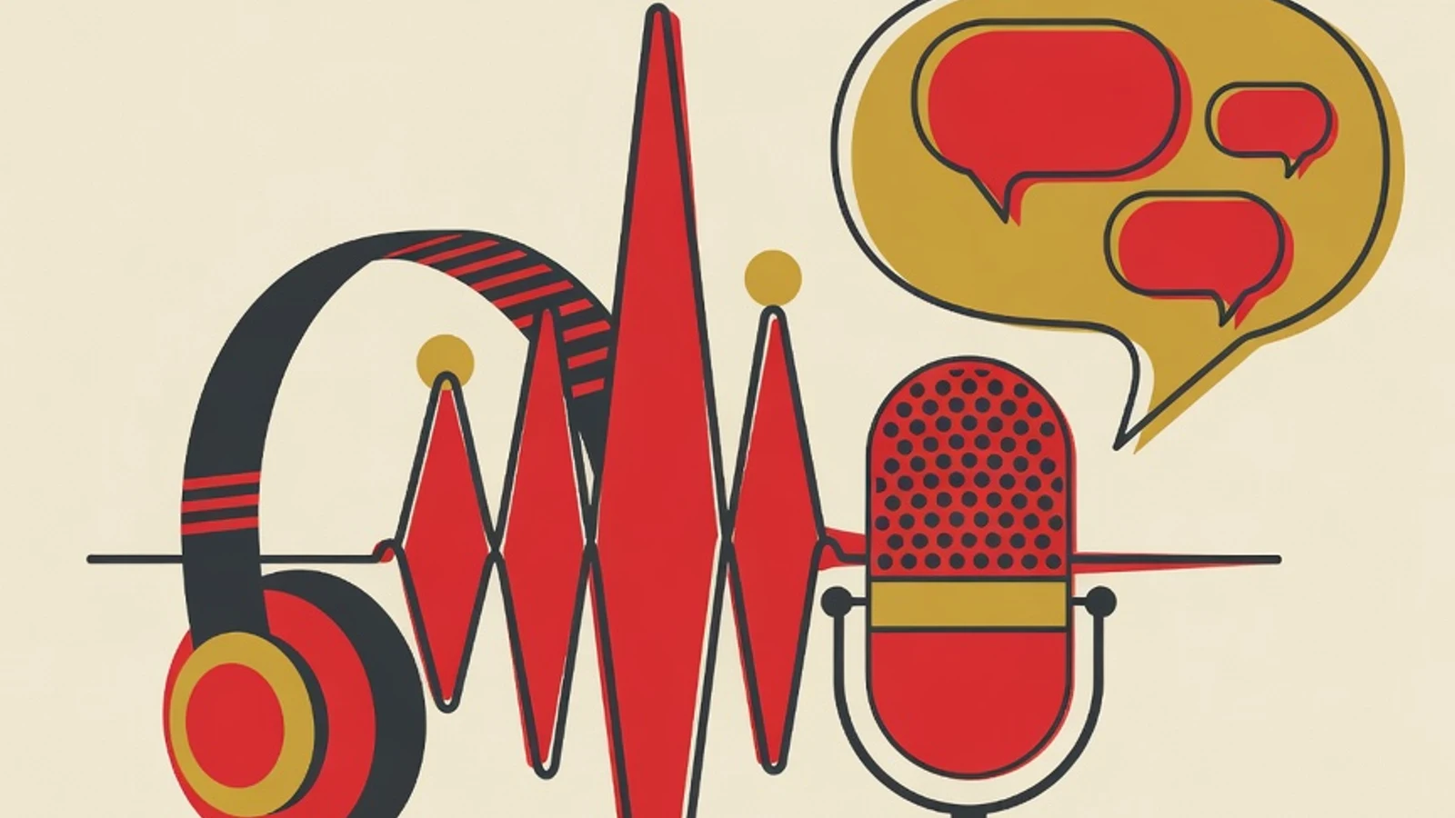 Ilustrasi editorial gelombang suara, ikon mikrofon, dan balon percakapan yang menggambarkan bagian TOEFL Speaking