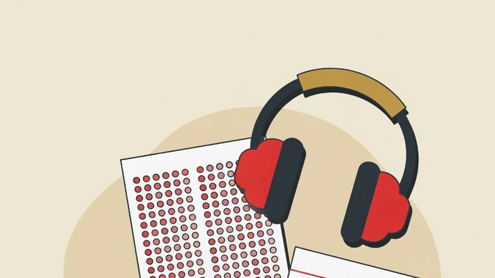 Ilustrasi persiapan writing TOEFL: lembar jawaban, headphone, halaman esai, dan jam