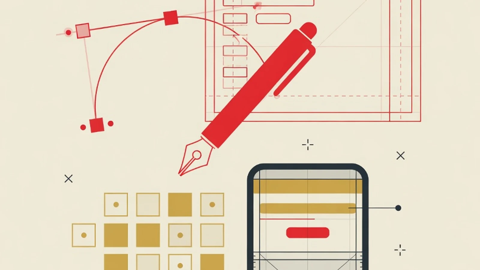 Flat illustration of a UI/UX portfolio: wireframe frames, Figma pen tool, component grid, and a phone mockup