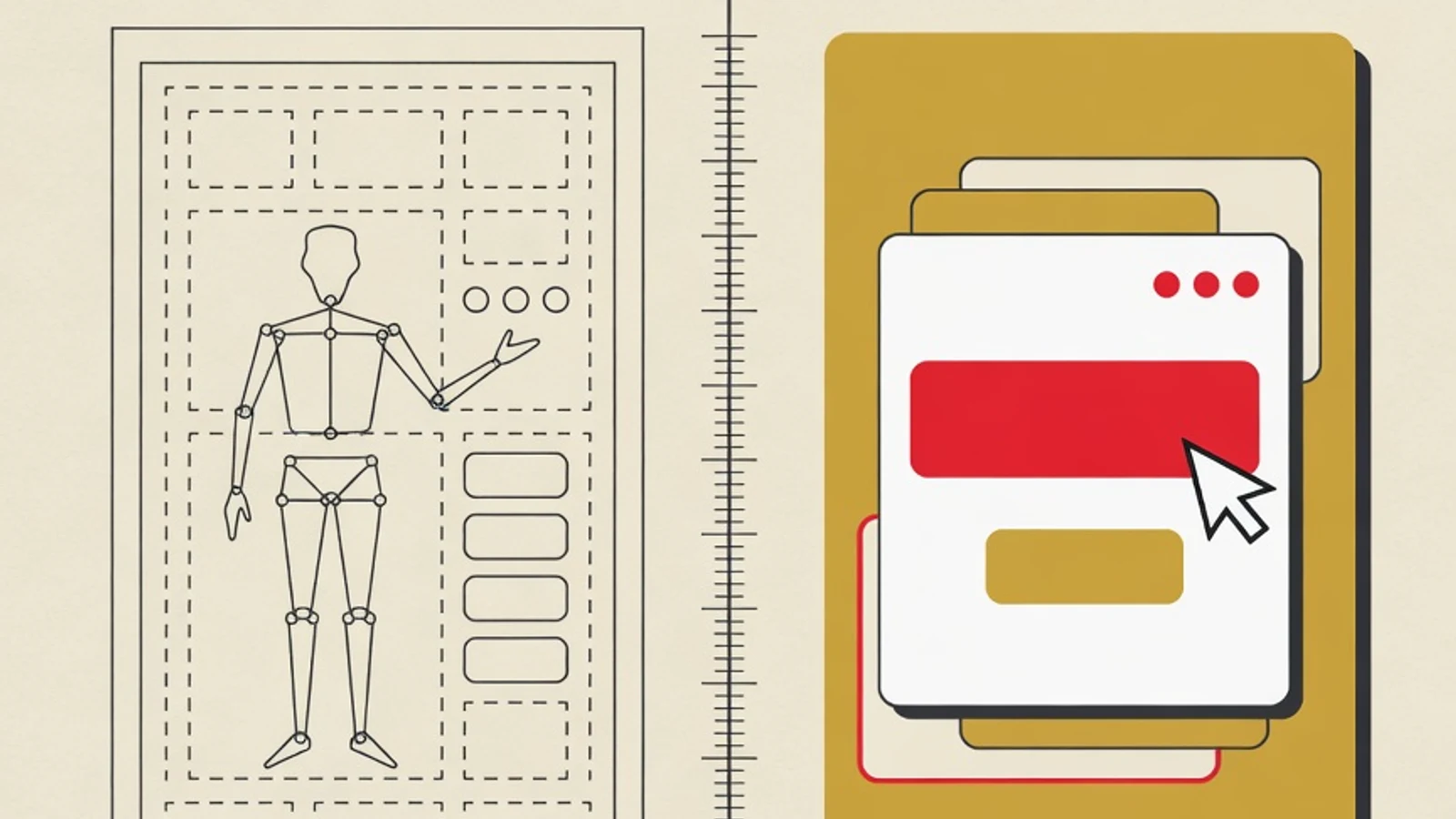 Flat two-sided illustration: a wireframe skeleton on one side and a tidy interface card with buttons on the other, showing the difference between UI and UX