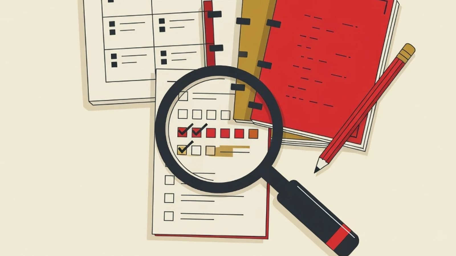 Ilustrasi datar kalender bertanda pekan belajar, tumpukan buku ujian, dan kaca pembesar di atas checklist persiapan ujian mandiri