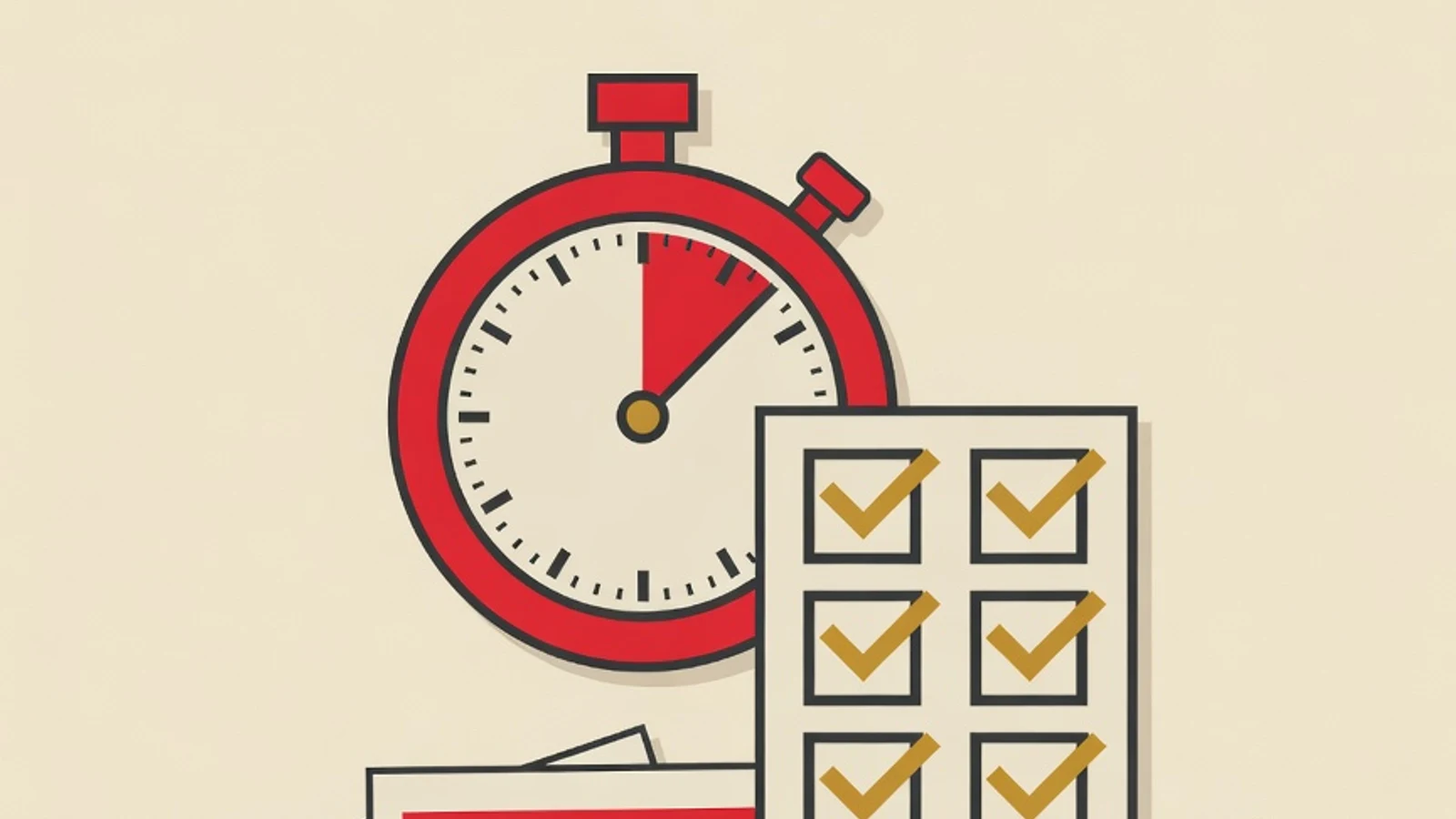 Flat illustration of a stopwatch, a seven-box checklist board, a stack of answer sheets, and a pencil for UTBK SNBT test-day strategy