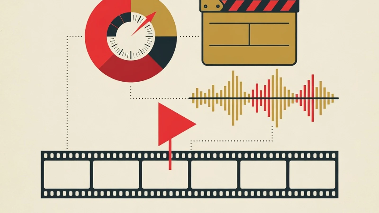 Ilustrasi editorial datar bergaya brand: strip timeline klip dengan playhead, papan clapperboard, gelombang suara, dan roda color grading sebagai simbol proses belajar video editing