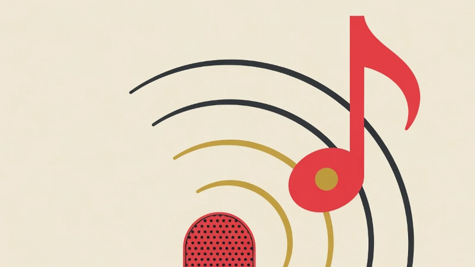 Flat editorial illustration of a microphone, sound wave arcs, a musical note, and a stopwatch in EduPoint brand style